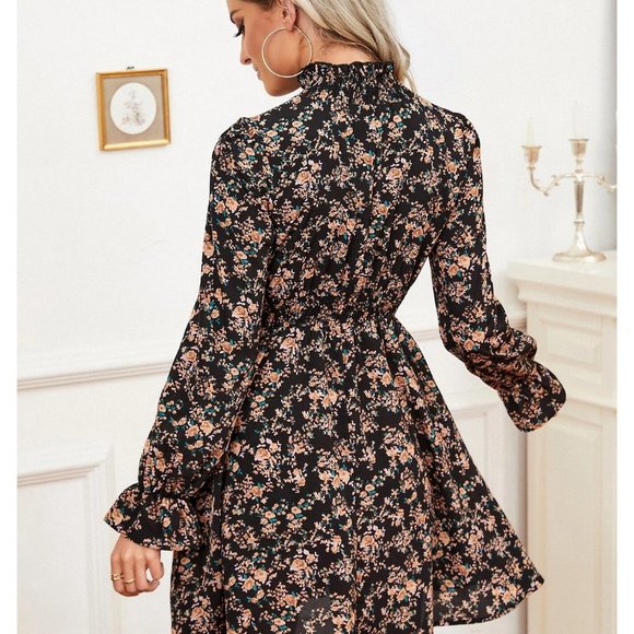 NEW! Floral Print Flounce Long Sleeve Shirred Waist Dress - Picture 3 of 4